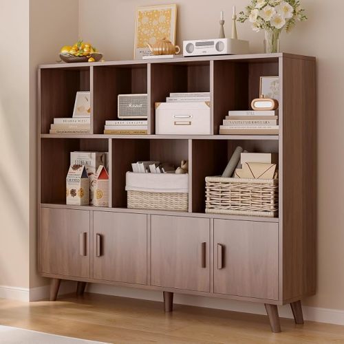11-Cube Bookcase with Doors, 3-Tier Storage Cabient, Walnut | Solid Wood Legs and Door Handles, Cubby Shelf with 4 Doors, Fits 11×11" Bins for Home & Office