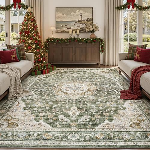 PADOOR-Vintage Area Rug 5X7 Rugs for Living Room-Soft Olive Green Rugs for Bedroom-Machine Washable Rugs Non Slip Carpet-Rug for Dining Room Living Room Bedside Office