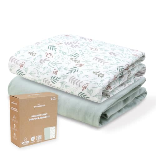 Organic Cotton Bassinet Sheets Boy Girl - 2pk Fitted Baby Bed Sheets, Sage | 100% Organic Cotton Jersey, Fits Rectangle, Oval, & Square Bassinets, 33"x19.5", Oeko-Tex, Woodland Botanical/Solid Pale Sage