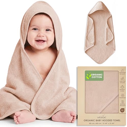 100% Organic Cotton Plush Woven Hooded Baby Bath Towels - Soft and Absorbent 31x31 Inches for Newborns and Kids, Baby Bath & Hooded Towels, Premium Infant Towels (Sand)