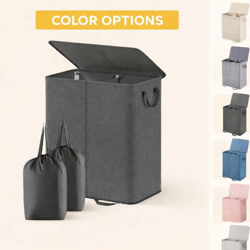 Norcho Double Laundry Hamper with Lid and Removable Bags, Large Collapsible 2-Divider Laundry Basket with Handles, 136L, Black