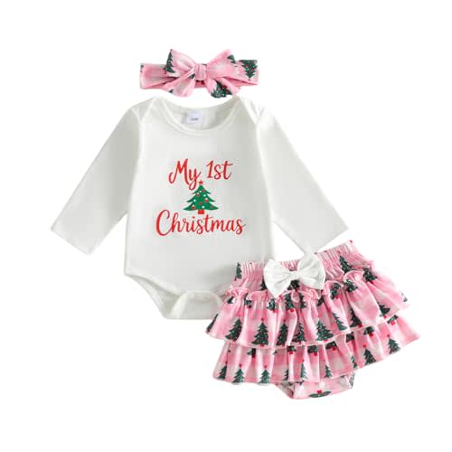 Adobabirl My First Christmas Baby Girl Outfit 1st Christmas Romper and Christmas Tree Ruffle Layered Skorts Headband Set
