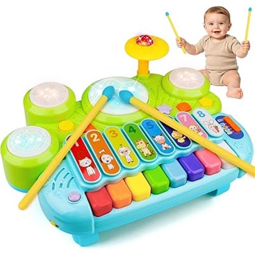 Baby Piano Drum Set for Toddlers 1-3, Musical Toys 3 in 1 Baby DJ Table Piano Keyboard Xylophone Instruments for 1 2 Year Old Boys Girls Music & Light Activity Table 6-12-18 Months Old Birthday Gifts