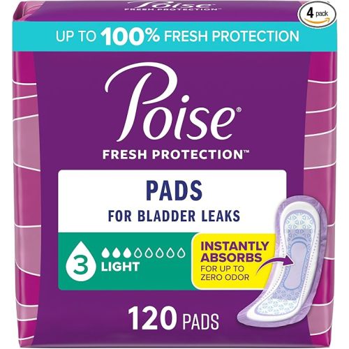 Poise Incontinence Pads & Postpartum Incontinence Pads, 3 Drop Light Absorbency, Regular Length, 120 Count (4 Packs of 30), Packaging May Vary