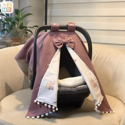 Dusty Rose Cotton Baby Car Seat Cover, Waffle–Poplin Fabric, FoxBear Pattern, Stroller Canopy Pram Liner – WF-18