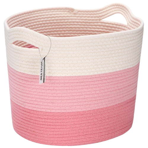 Sea Team Oval Cotton Rope Woven Storage Basket with Handles, 16 x 13 inches, White & Pink