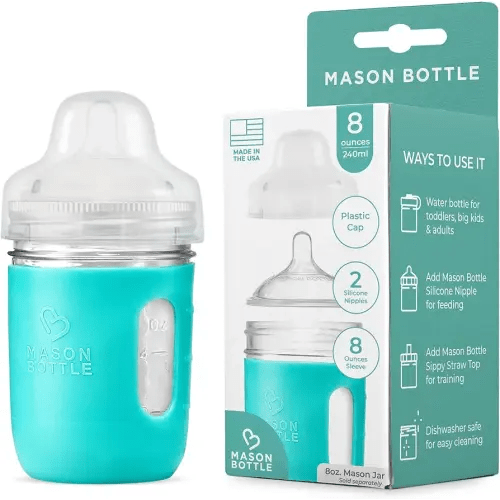 Mason Bottle 8oz Glass Baby Bottle DIY Kit - Fits Any 8oz Mason Jar - 1x Sleeve, 1x Plastic Cap, 2X Slow Flow Nipples (Ring/Lid & Jar NOT Included)