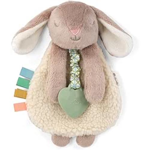 Itzy Ritzy - Itzy Lovey Including Teether - Baby Lovey with Teether, Textured Ribbons & Dangle Arms - Features Crinkle Sound, Sherpa Fabric and Minky Plush (Taupe Bunny)
