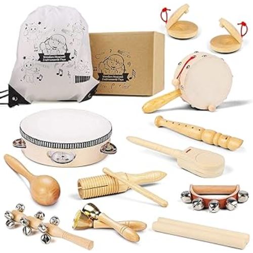 Chriffer Kids Musical Instruments Toys, Percussion Instruments Set with Storage Bag, Preschool Educational Music Toys for Boys Girls, Natural Eco-Friendly Wooden Music Set (11pcs)