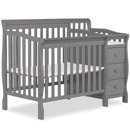 Dream On Me Jayden 4‑in‑1 Mini Convertible Baby Crib & Changer with Storage, Steel Grey, Pinewood, GreenGuard Gold & JPMA, 1” Mattress Pad, 3 Mattress Heights, Converts to Mini Day & Twin-Size Bed