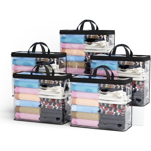 5PACK Clear Zippered Storage Bags for Clothes, 22L Closet Organizers Bag, and Blanket Storage Bags for Bedding, Linen, Blankets, Comforters, Clothing & Toys (Black)