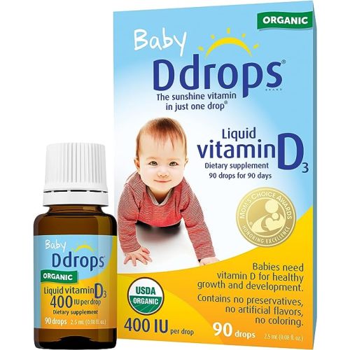 Ddrops Organic Baby 400 IU 90 Drops - Daily Vitamin D Liquid for Infants. Supports Teeth & Bone Health. No Preservatives, No Sugar, Non-GMO, Allergy-Friendly