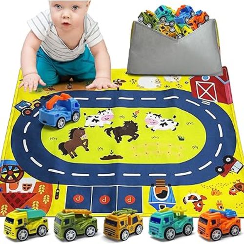 KUANGO Small Car Toys for 1 Year Old Boy Gifts, Pull Back Car with Containable Playmat for Toddler 1 2 3 Year Old, Baby Toys 12-18 Months
