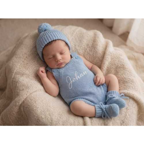Personalized Suspender Knit Baby Set with Booties, Heirloom Newborn Photo Outfit, Custom Embroidered Name Set