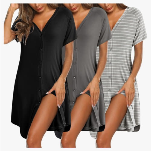 Ekouaer 3 Pack Women's Nightshirt Button Down Nightgown Short Sleeve Sleepshirt V Neck Pajama Dress with Pockets