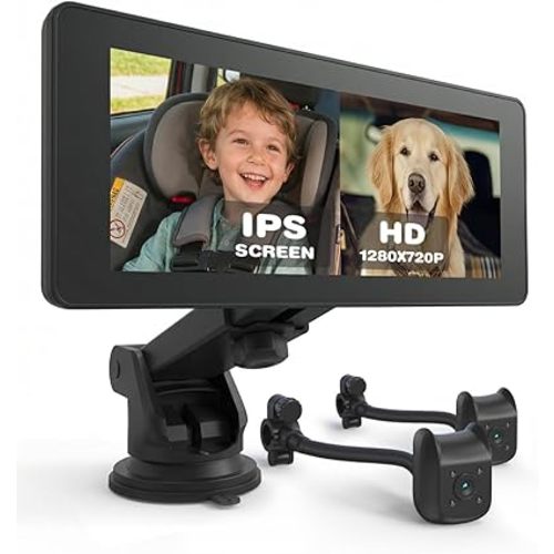 Baby Car Camera for 2 Kids | 6.86" 1080P IPS Dual-Camera Split Screen Monitor - 360° Rotation IR Night Vision - USB Powered for Rear Facing