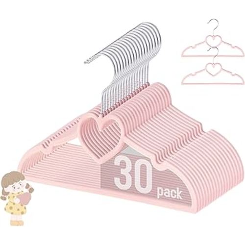 GOSCHE Baby Hangers 11 inch, Toddler Velvet Hnagers, Non-Slip for Baby and Children Clothes, Durable Ultra-Slim Space-Saving Closet Organizers, Pink, 30 Pack