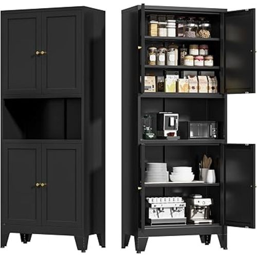 COFaR 69" Tall Modern Kitchen Pantry,Metal Storage Cabinet with Adjustable Shelves,Pantry Cabinet with 6-Tier,Freestanding Cupboard for Kitchen,Dining Room,Living Room,Bathroom,Black