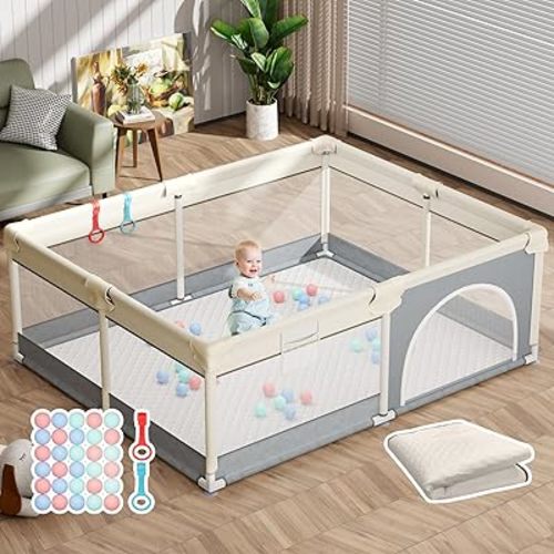 Mr IRONSTONE Baby Playpen with Mat, 71"x59" Play Pen for Babies and Toddlers, Extra Large Playard Safety Small Baby Fence Activity Center