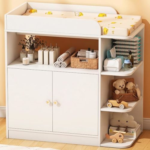 Changing Table Dresser with Large Cabinet - White