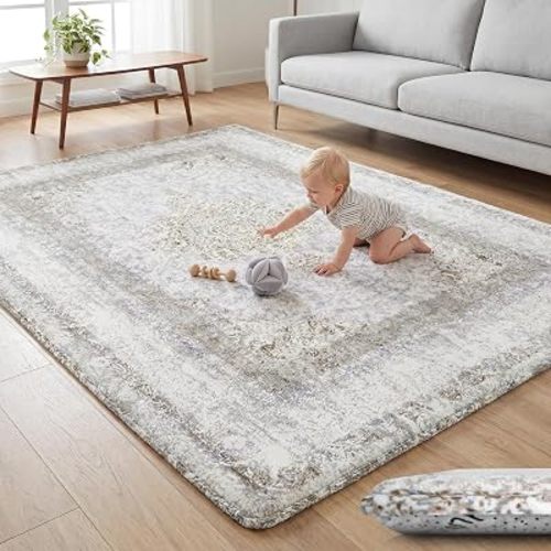 Huloo Sleep Baby Play Mat for Floor - 79x118 Inches 1.3" Thick Elasti-Foam Playpen Mat for Toddlers Infant Kids, Water-Repellent Nursery Rug, Non-Slip Backing for Crawling & Tummy Time, Brown Rustic