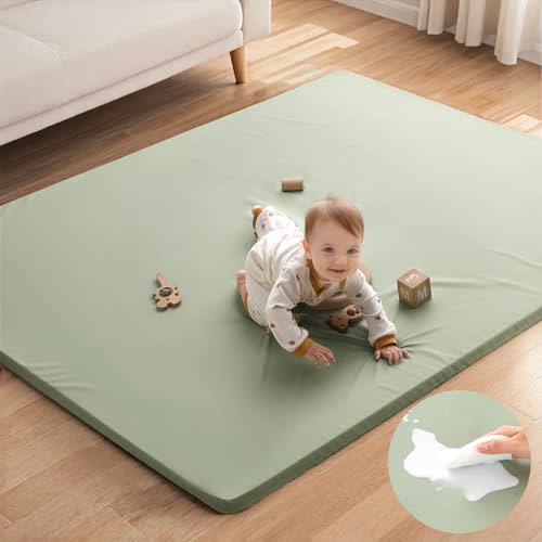 Blissful Diary Vegan Leather Baby Play Mat, 71''x59'', Light Green | thick cushion, safe and soft fabric, waterproof and wip clean, indoor use, non-slip bottom, stylish mordern decor