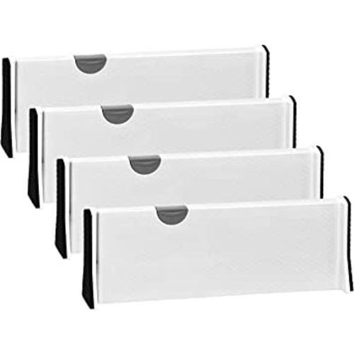 JONYJ Drawer Dividers Organizer 4 Pack, Adjustable Separators 4" High Expandable from 11-17" for Bedroom, Bathroom, Closet,Clothing, Office, Kitchen Storage, Strong Secure Hold, Foam Ends(White)