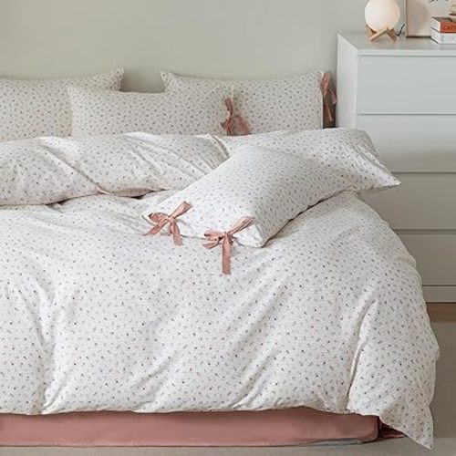HighBuy Farmhouse Comforter Set Twin XL Botanical Floral Bedding Comforters for Teen Girls with 2 Bowknot Bow Tie Pillowcases Fluffy Soft Coquette Boho Comforter Cozy,Comfy Striped Comforter