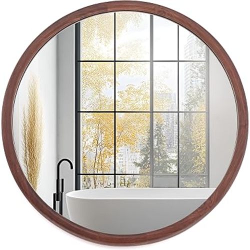 Round Walnut Woodgrain Frame Wall Mirror 20" Farmhouse Decorative Mirrors