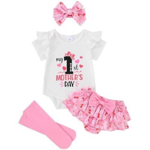 My First Mothers Day Baby Girl Outfit Newborn Infant 1st Mother's Day Romper Skirt Set With Headband Leggings 4Pcs