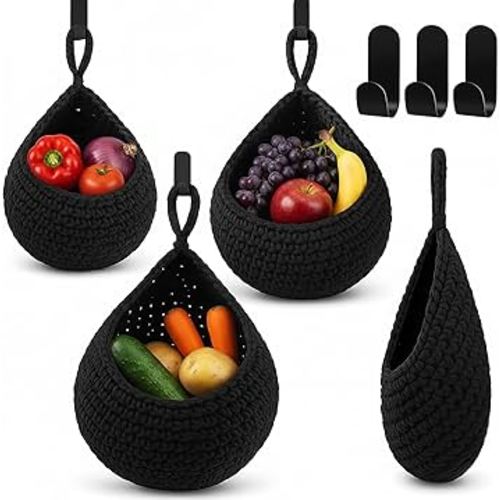 Honeydak Boho Decor Hanging Wall Baskets for Kitchen 3 Pack Teardrop Baskets with Hooks Storage Fruit Onion Vegetable Potato for Home 3 Sizes(Black,Cotton Rope)