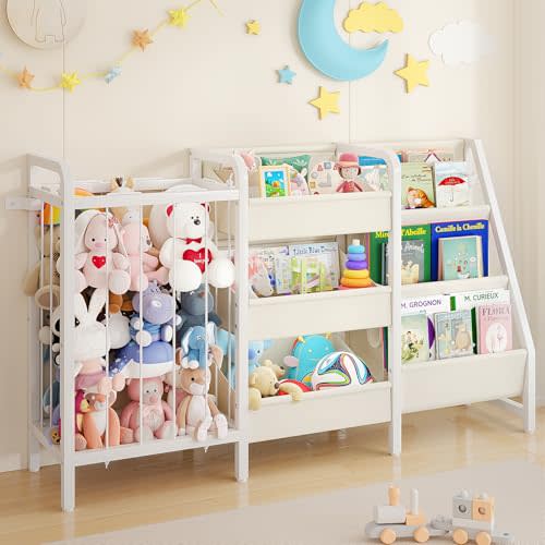 CYXPHION B2 Kids Bookshelf and Toy Storage, 3-Tier Book Shelf for Kids Rooms, Sling Toddler Book Shelves with Stuffed Animal Storage, Montessori Baby Bookcase for Nursery, Bedroom, Playroom, White