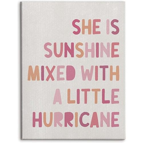 HRQKO Baby Girl Nursery Canvas Wall Art, Boho Pink She Is Sunshine Mixed with a Little Hurricane Framed Art, Inspirational Wall Decor for Nursery Toddler Baby Little Girl Bedroom, 11x14 inch