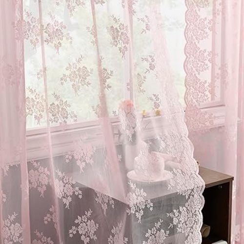 Kotile Pink Floral Lace Curtains for Bedroom W52 x L54 Inch, 2 Panels