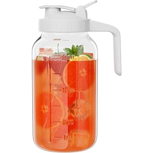 Glass Mason Jar Pitcher, 64 oz Wide Mouth Jug with Pour Spout Handle Lid for Cold Brew Coffee, Ice Beverage, Iced Juice, Lemonade, Sun Tea, Fruit Drinks Container(White)