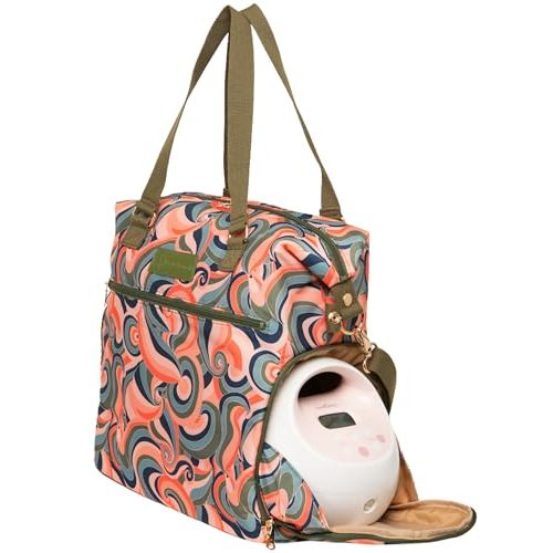 Sarah Wells Lizzy Breast Pump Bag – Stylish Pump Tote with Insulated Cooler Pocket, Laptop Sleeve – Fits Portable Pumps & More – Easy-Clean, Lightweight Breastfeeding Bag (Groovy)