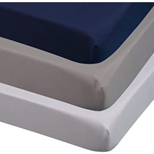CaSaJa 3-Pack Fitted Crib Sheets Set for Baby Boys, Extra Soft Breathable 9" Deep Mattress Sheet for Standard Toddler Bed 28x52, Cozy Washable Microfiber Nursery Sheets, Navy/Charcoal Gray/Pale Grey