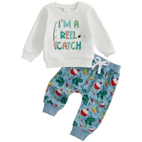 Kupretty Toddler Baby Boy Fall Clothes Fishing Outfit Fish Long Sleeve Crewneck Pullovers Sweatshirt + Graphic Pants Set