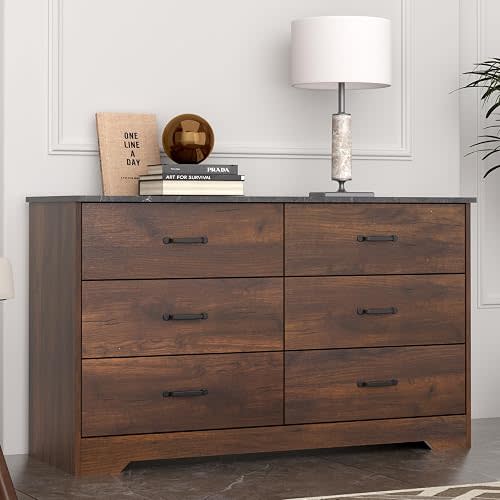 6 Drawer Dresser, Wooden Chest of Drawers TV Stand, Mid Century Modern Brown Dresser with Large Drawers for Bedroom Living Room Entryway(Dark Walnut, 6 Drawer)