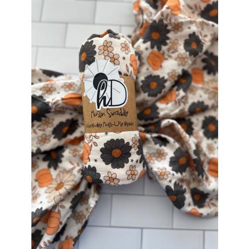 Fall Pumpkin Floral Muslin Swaddle Blanket | Autumn Baby Gift | Gender Neutral Swaddle |Baby Shower Gift |Soft Breathable Blanket
