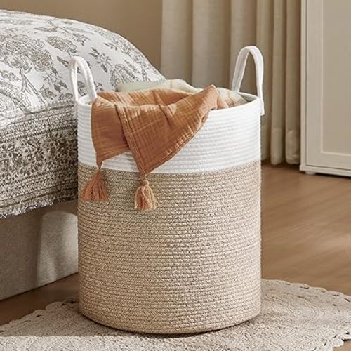 SONGMICS Laundry Hamper, Cotton Rope Laundry Basket with Handles, for Children, Toys, Clothing, Living Room, Bedroom, 15.8 Gallons, 13.8 x 13.8 x 19.7 Inches, White and Grayish Brown URLH061LZ01