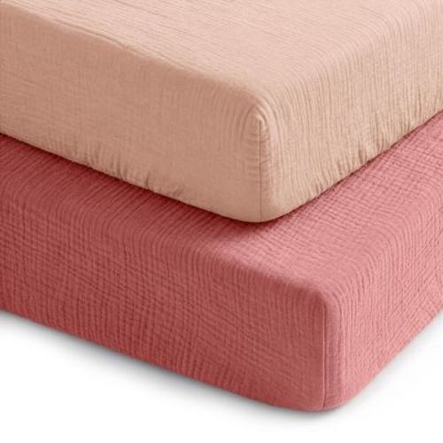 Comfy Cubs 100% Muslin Crib Fitted Sheet 2 Pack, Dusty Rose and Blush - 100% Cotton, Soft & Breathable Crib Sheets - Snug Fit, Secure Elastic