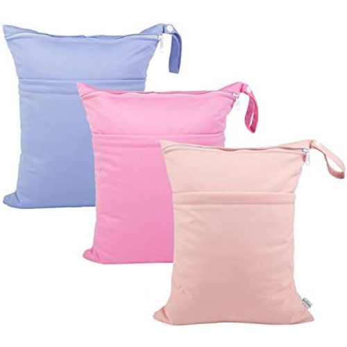 babygoal Wet Dry Bags for Baby Cloth Diapers, Washable Travel Bags, Beach, Pool, Gym Bag for Swimsuits & Wet Clothes with 2 Pockets 3 Pack 3LN09