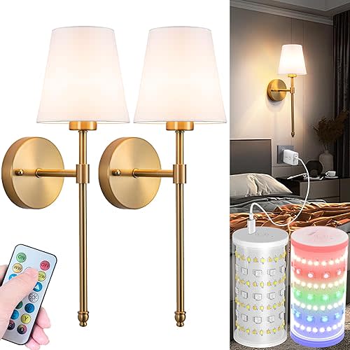 Battery Operated Wall Sconces Set Of 2, Wireless Battery Wall Light With 10000mAh RGB Rechargeable Magnetic Bulb, Rechargeable Wall Sconce With Remote Control For Bedroom, No Electrician Required