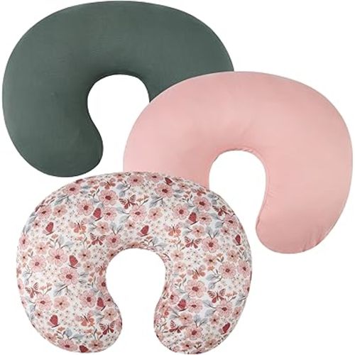 Nursing Pillow Cover Set 3 Pack Nursing Pillow Slipcovers for Moms Breastfeeding Moms, Ultra-Soft Stretchy Fit Standard Nursing Pillows Green/Pink/Floral