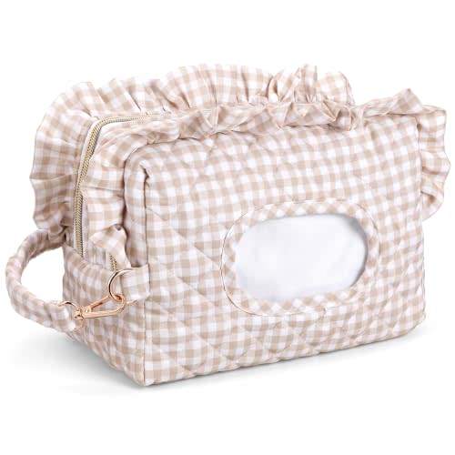 Aliceset Beige Ruffle Gingham Diaper and Wipe Pouch Baby Wipe Holder | Quilted Baby Dispenser Holder Diaper and Tissue Bag Portable Travel Hanging Wet Wipes Bag Diapering Clutch for Car Stroller