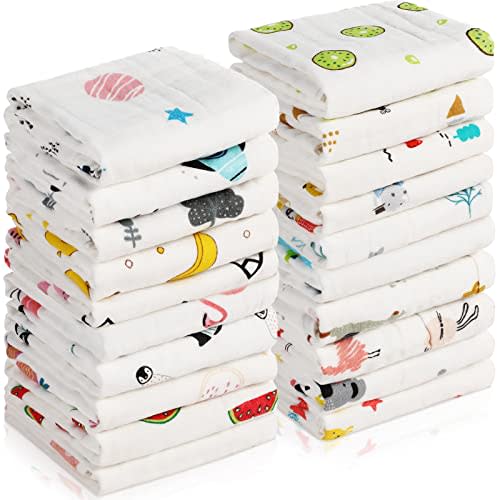 20 Pack Muslin Baby Burp Cloths Large 20 x 10 Inches Cotton Baby Burp Rags Towel and Washcloths Face Towels 6 Layers Super Absorbent for Infant Shower,20 Styles