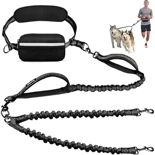 Hands Free Double Dog Leash with Pouch, Dual Leash for 2 Dogs with Reflective Padded Handles, Durable Bungee and Lumbar Waist Belt for Walking, Jogging and Running (Medium/Large, 25-120 lbs)