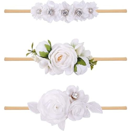Baby Girl Floral Headbands- 3pcs Nylon Headband Handmade Flower Crown Elastic Hairband Newborn Toddler Hair Accessories Gifts for Girls （1-6 years old）