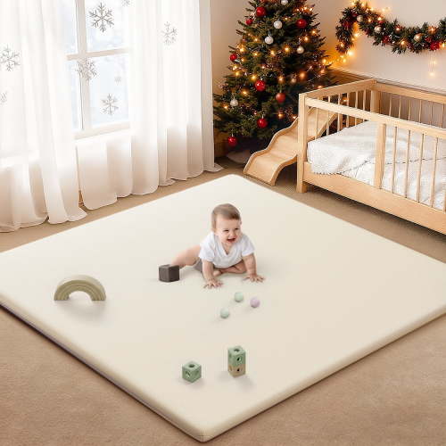 Baby Play Mat, Caveen Vegan Leather Baby Floor Mat Playpen Mat, Thicken Soft Crawling Mat for Infant, Wipe-Clean, 50"x 50", Beige